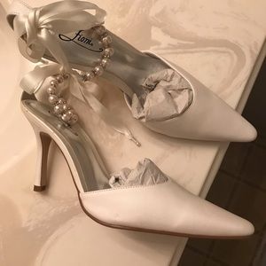 White Fioni pearl & satin ankle strap heels